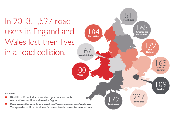 map of the UK with numbers of how many people were killed in road collisions from those regions.